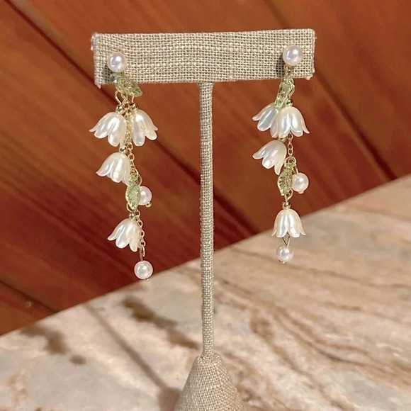 Boutique Jewelry - Faux Pearl Studs w/ Lily of the Valley Pearl Finish Dangle Earrings Gold Tone